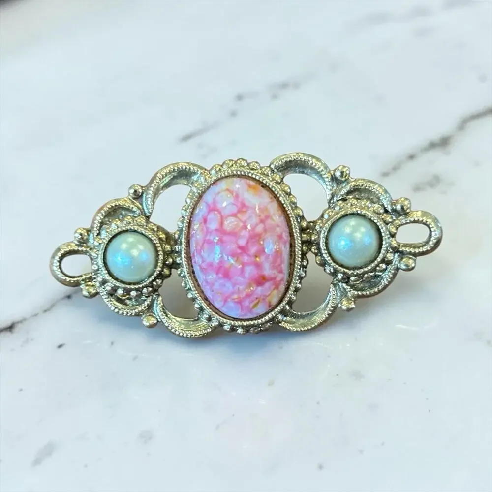 Vintage 1928 Pink Opal Glass Brooch Pearl Cabochon Victorian Revival Pin